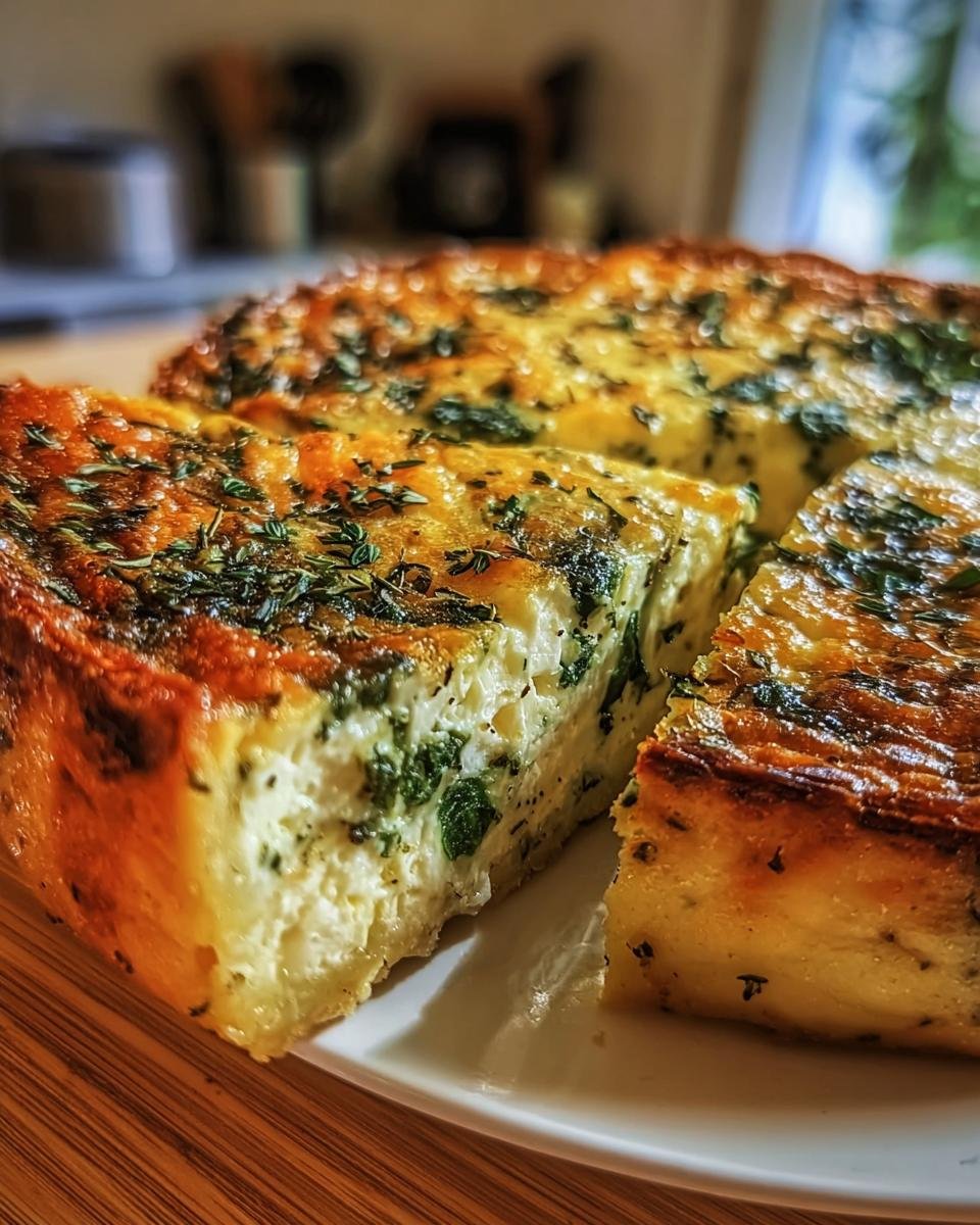 A slice of Cottage Cheese and Spinach Quiche on a white plate, garnished with herbs.