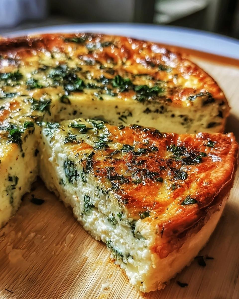 A slice of Cottage Cheese and Spinach Quiche with golden crust and fresh herbs.