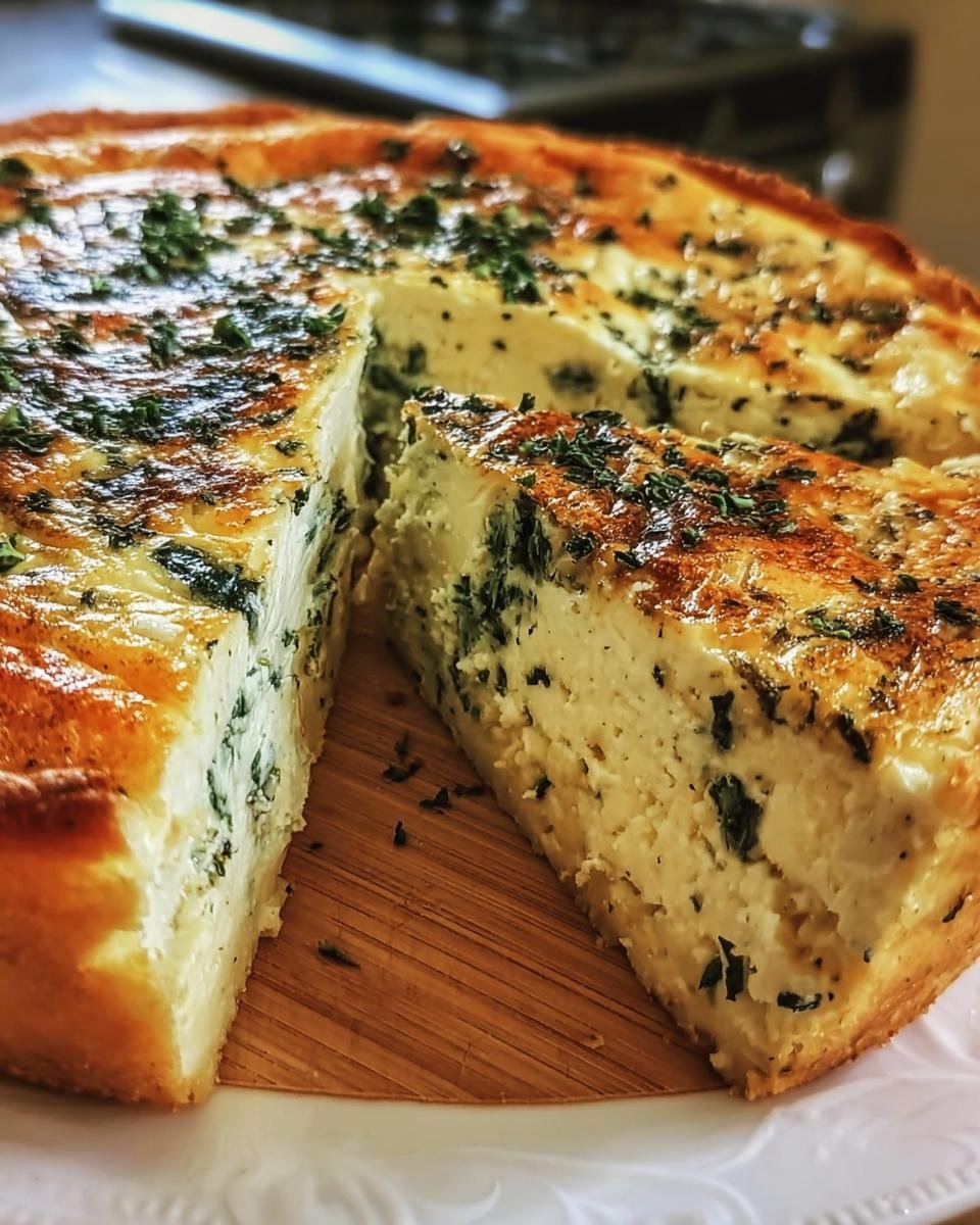A delicious Cottage Cheese and Spinach Quiche with a slice cut out, showcasing the creamy filling and golden crust.