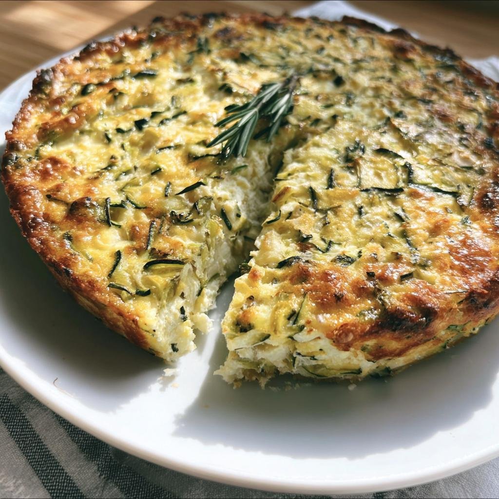 A delicious Cottage Cheese Zucchini Quiche with a slice cut out, garnished with rosemary.
