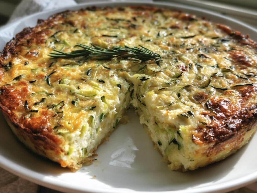 A delicious Cottage Cheese Zucchini Quiche with a slice cut out, garnished with rosemary.