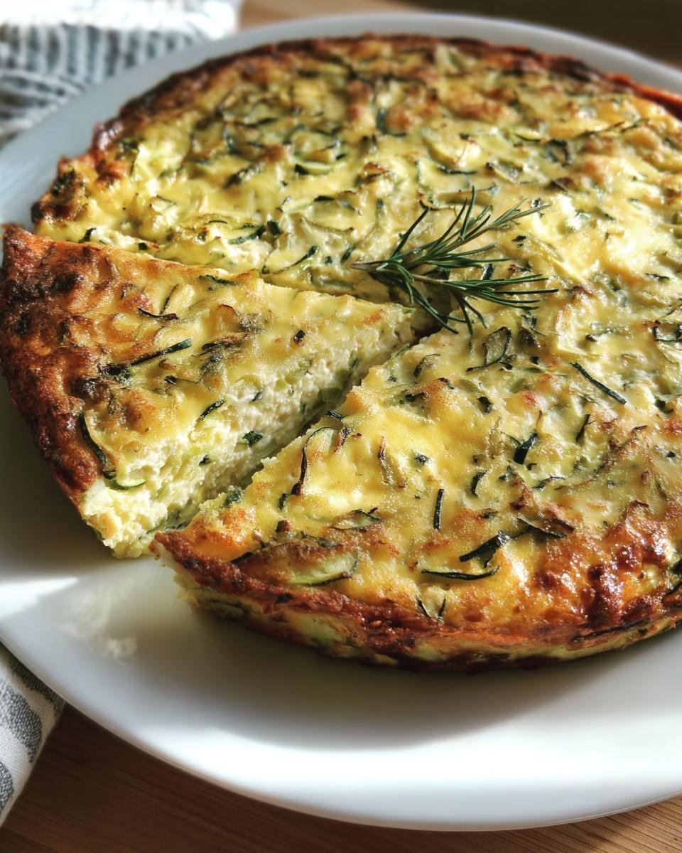 A delicious Cottage Cheese Zucchini Quiche with a slice cut out, garnished with rosemary.