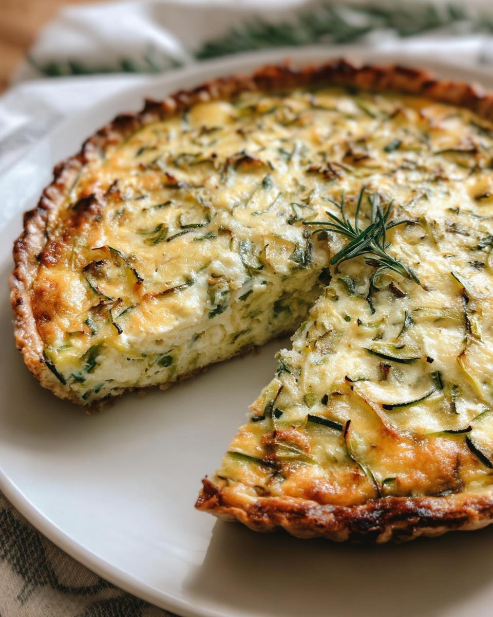 A delicious Cottage Cheese Zucchini Quiche with a slice removed, garnished with rosemary on a white plate.