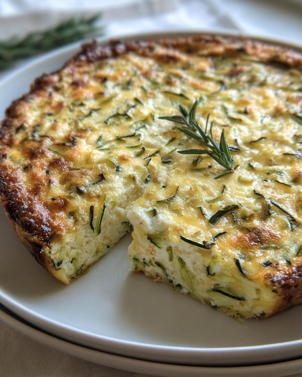 Delicious Cottage Cheese Zucchini Quiche on a plate, garnished with fresh rosemary.