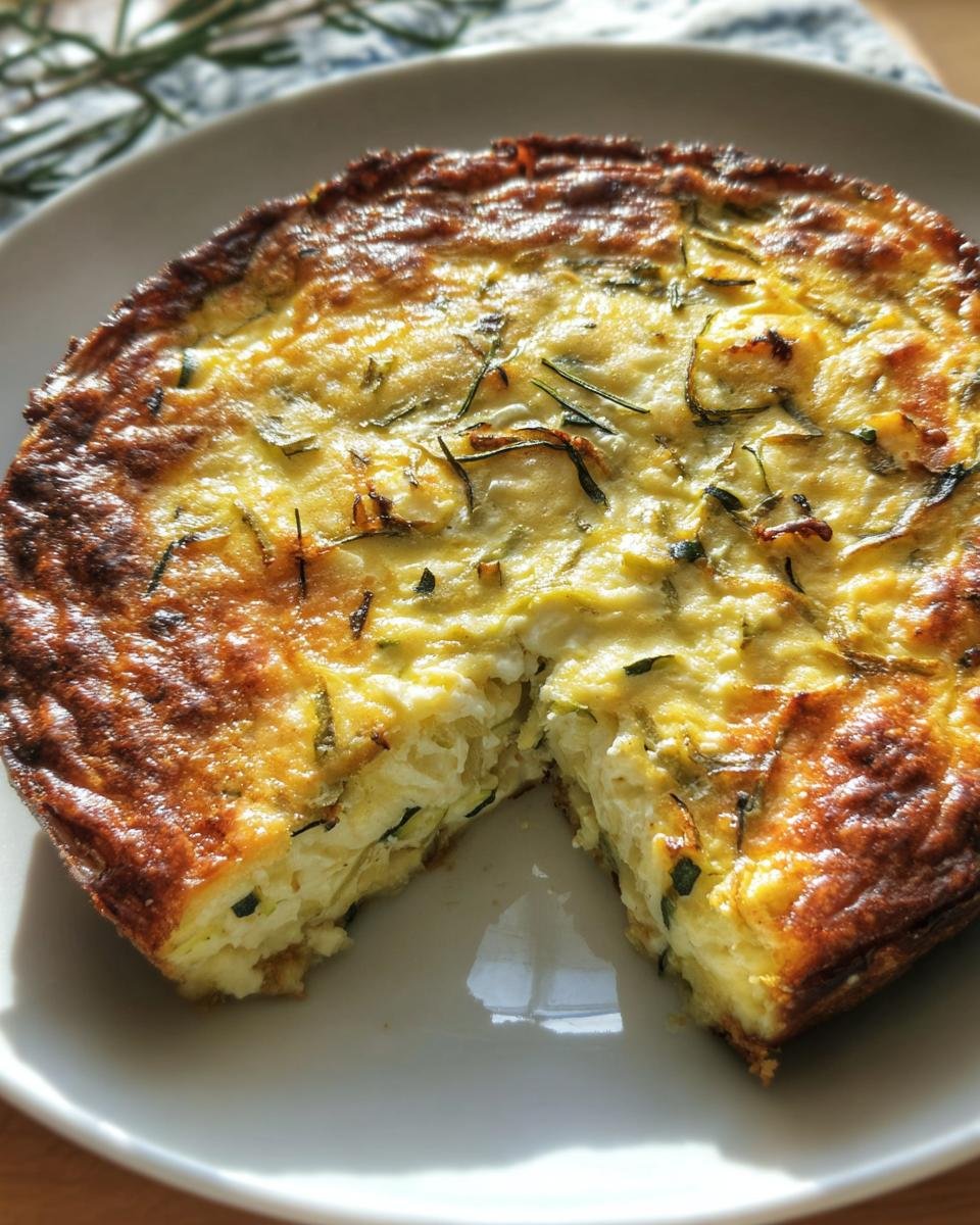 A delicious Cottage Cheese Zucchini Quiche with a slice cut out, showing the creamy filling.