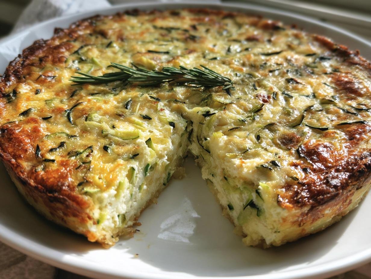 A delicious Cottage Cheese Zucchini Quiche with a slice cut out, garnished with rosemary.