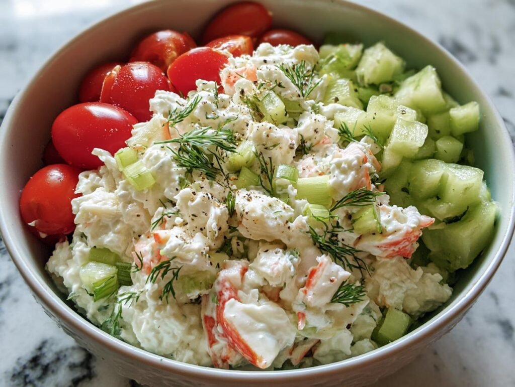 A fresh Crab Cottage Cheese Bowl with crab, cottage cheese, tomatoes, and cucumbers.