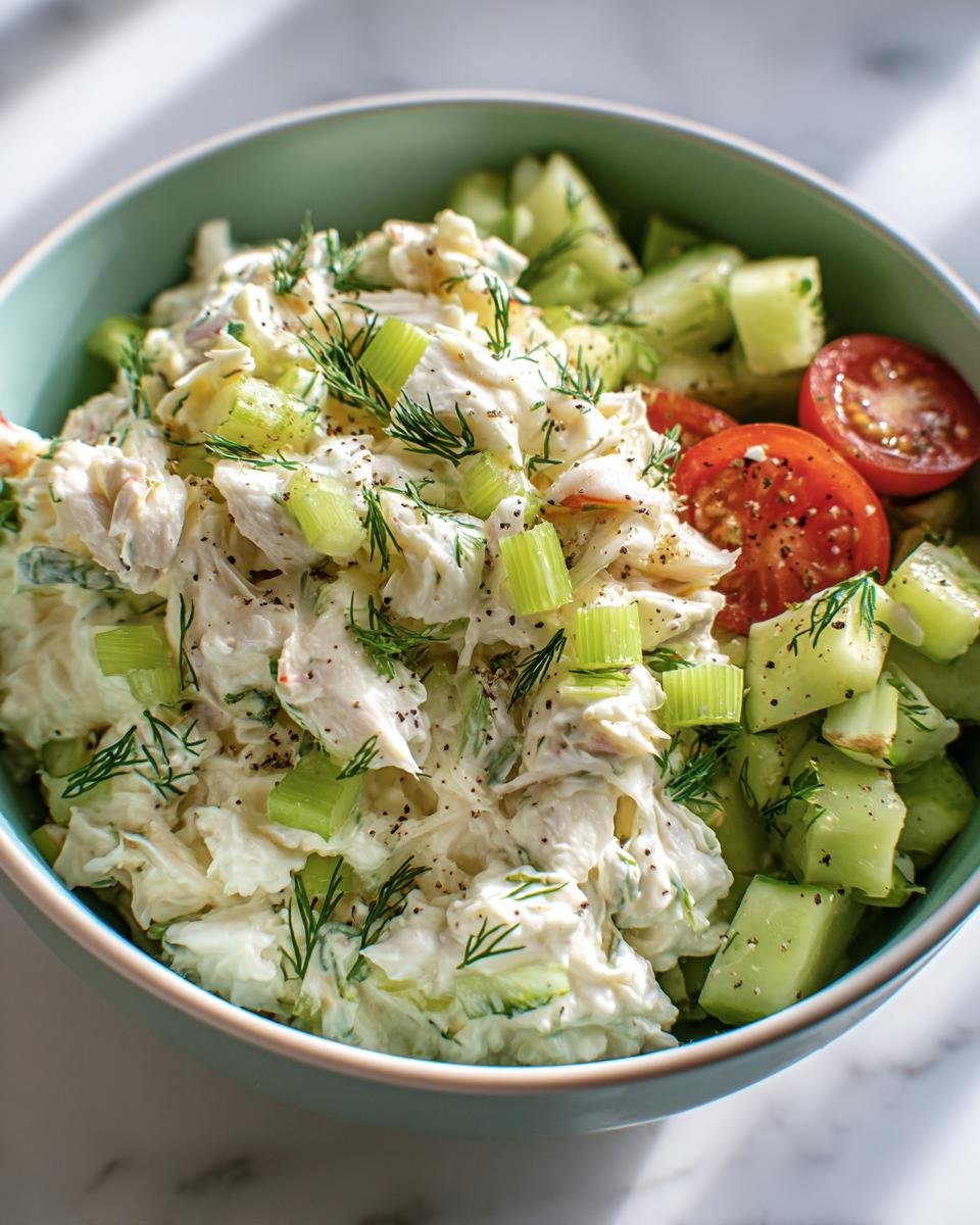 A vibrant Crab Cottage Cheese Bowl with crab, cottage cheese, celery, cucumber, dill, and tomatoes.