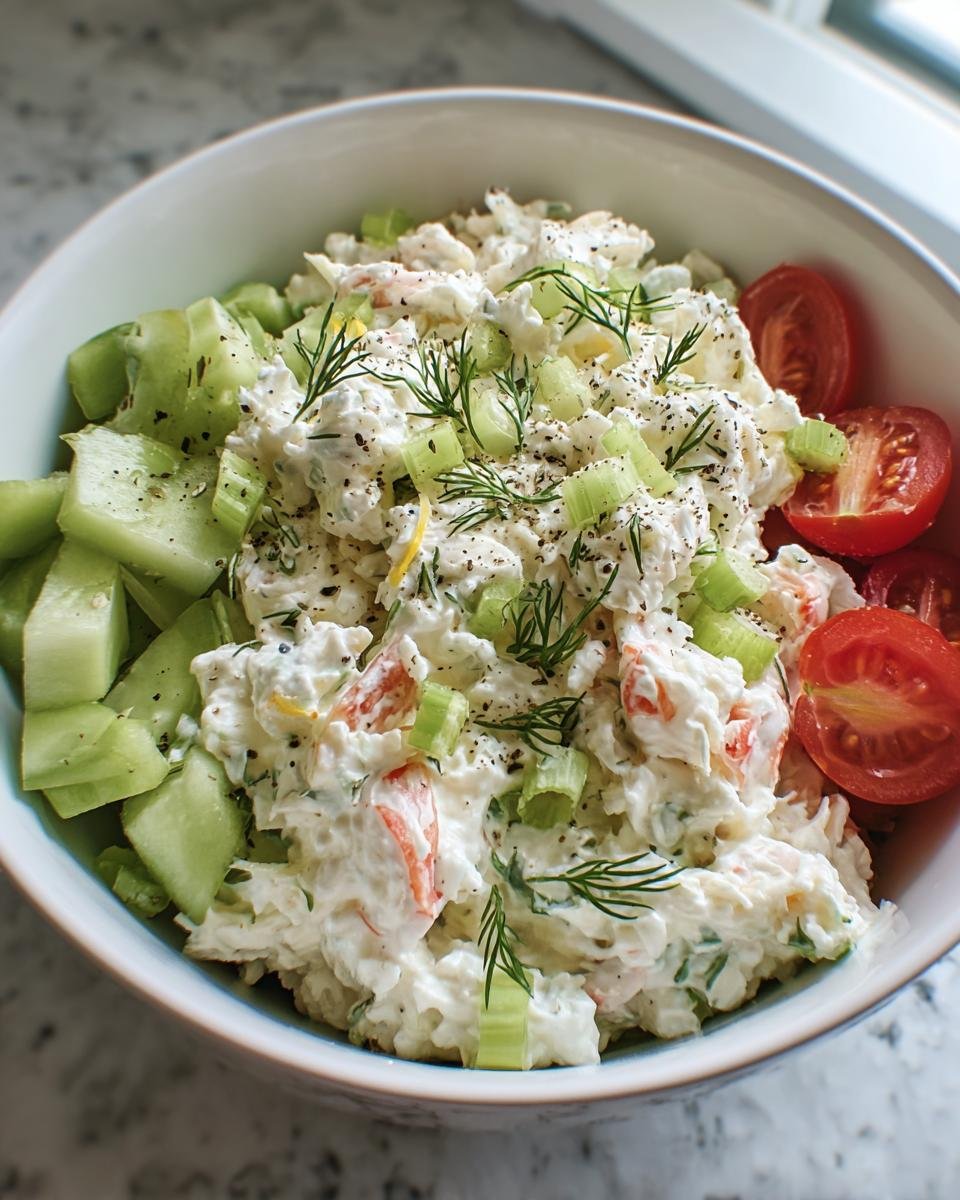 A delicious Crab Cottage Cheese Bowl with cucumber, tomatoes, dill, and celery.