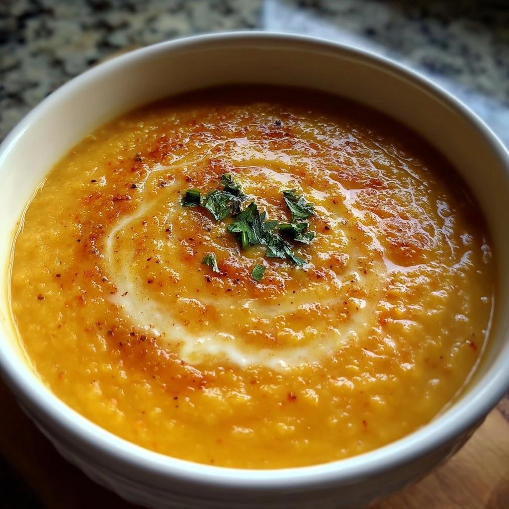 A bowl of Creamy Carrot Lentil Soup, swirled with cream and garnished with fresh herbs.