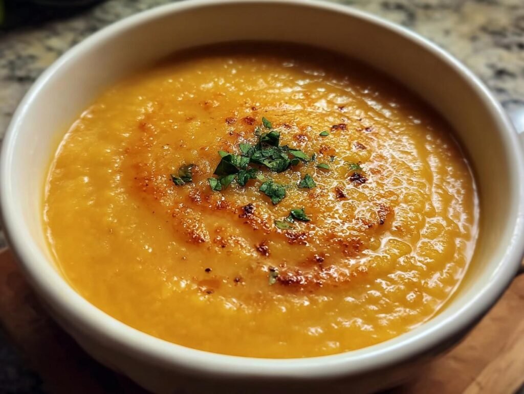 A comforting bowl of Creamy Carrot Lentil Soup, garnished with fresh herbs.