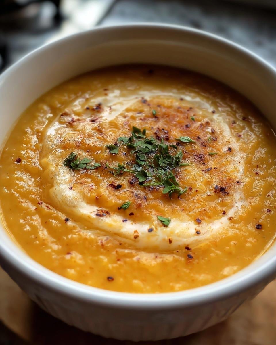A bowl of Creamy Carrot Lentil Soup, garnished with cream, herbs, and spices. Close-up shot.