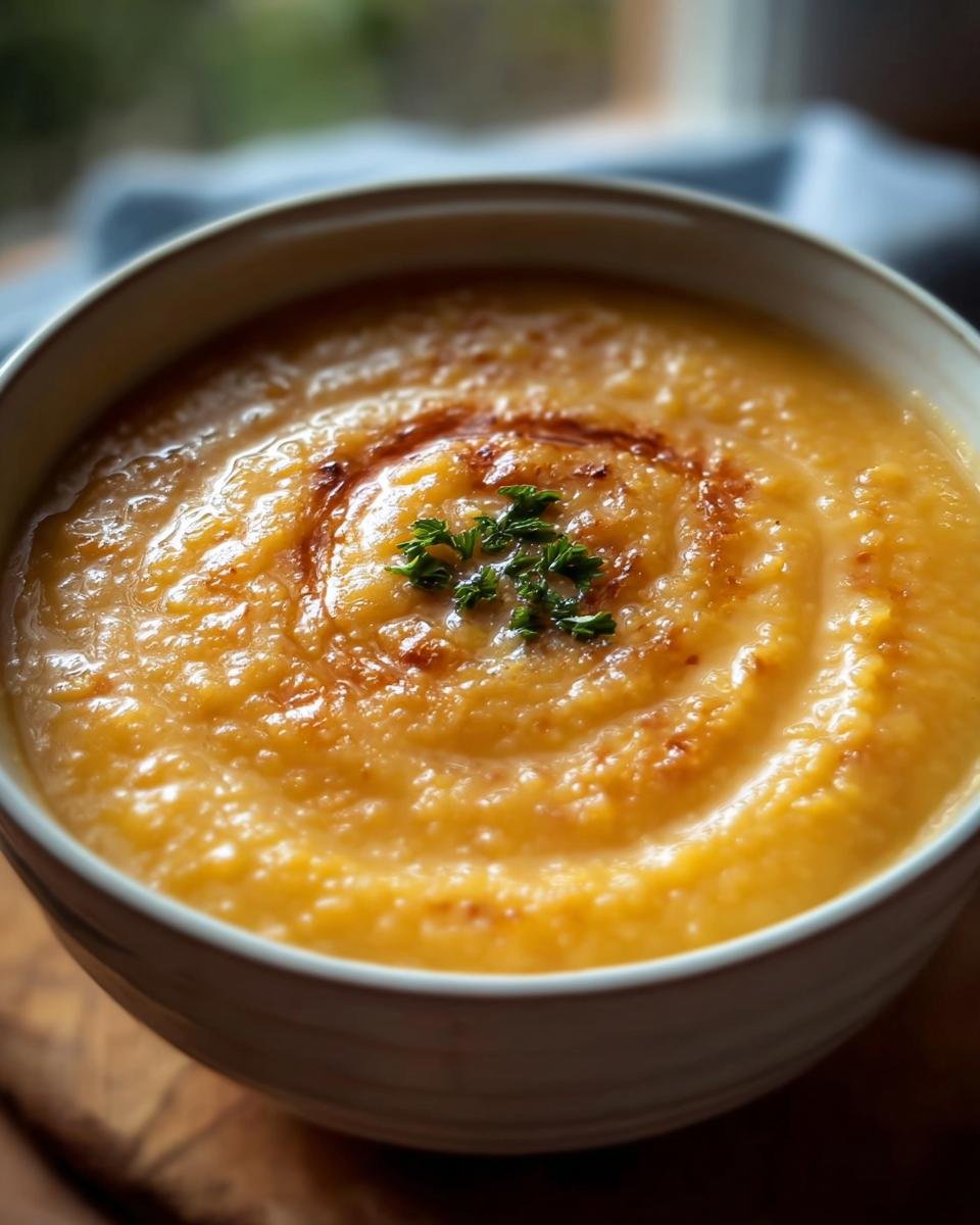 A bowl of Creamy Carrot Lentil Soup, garnished with fresh herbs and a swirl of oil.