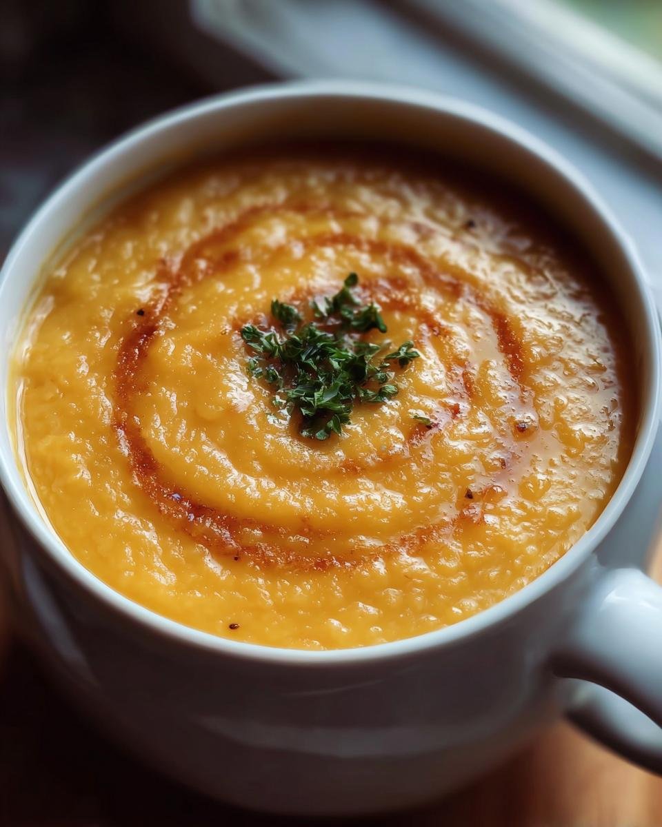 Close-up of a bowl of Creamy Carrot Lentil Soup, garnished with herbs and a swirl of oil.