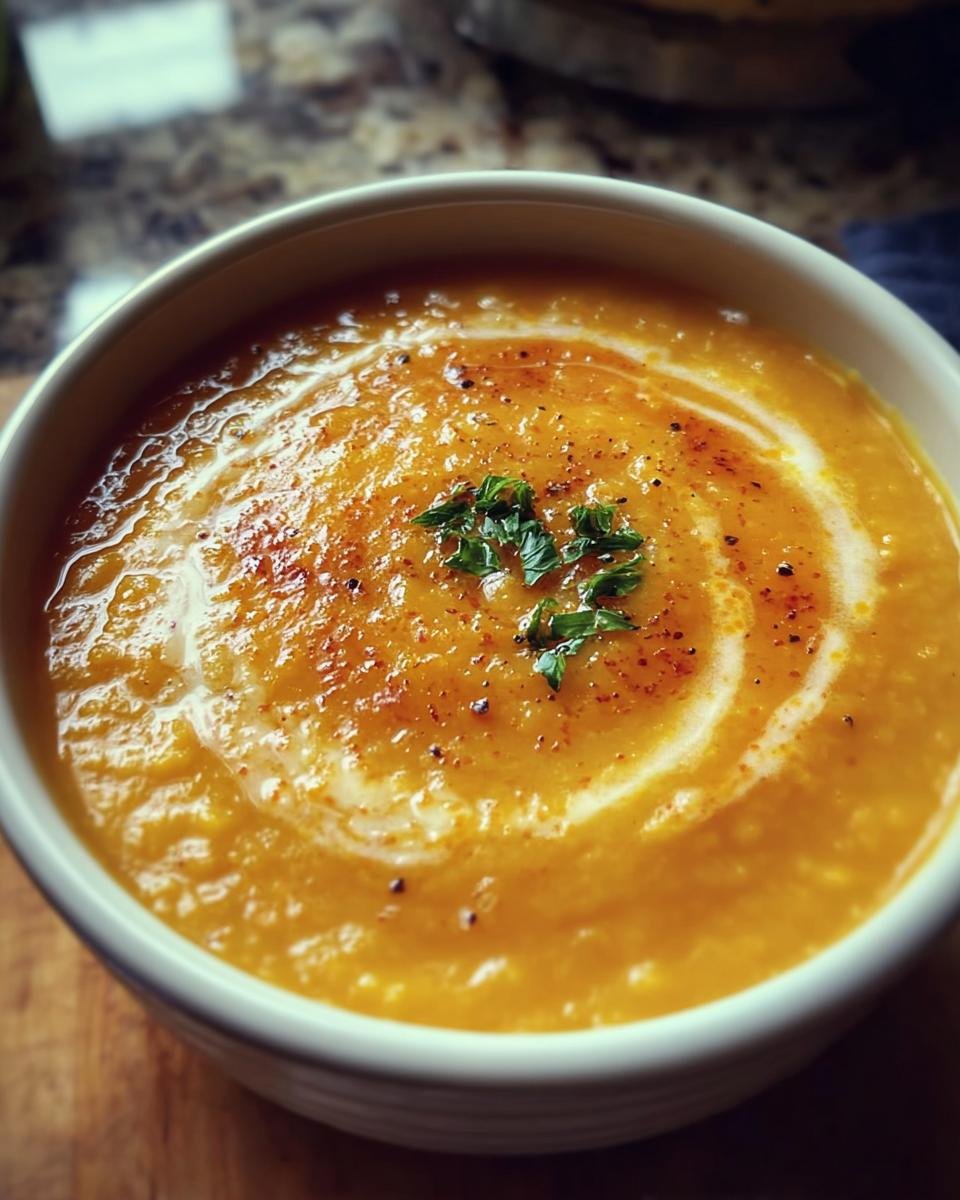 A comforting bowl of Creamy Carrot Lentil Soup, garnished with cream and fresh herbs.