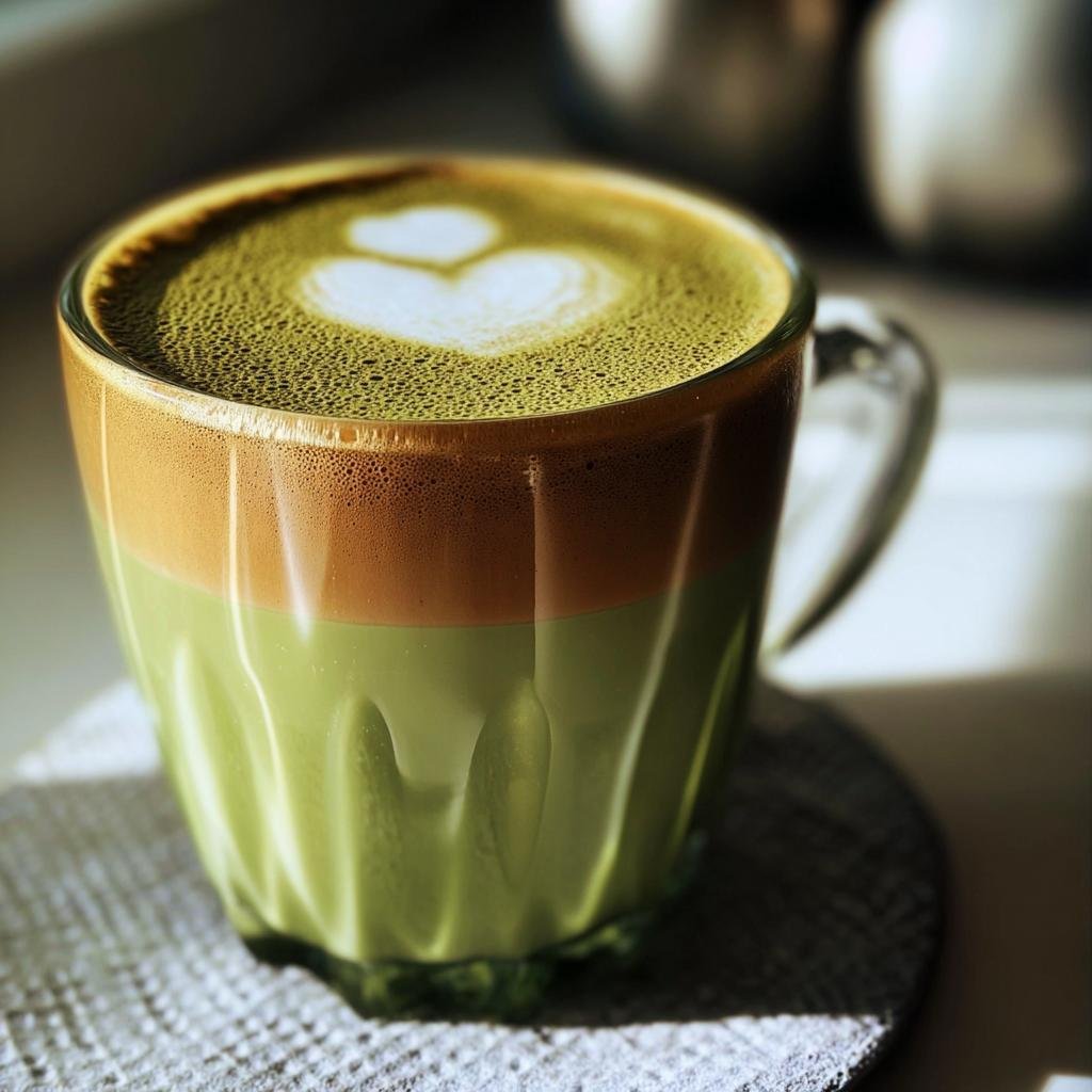 A glass mug filled with Creamy Matcha Coffee, topped with latte art hearts, sitting on a coaster.