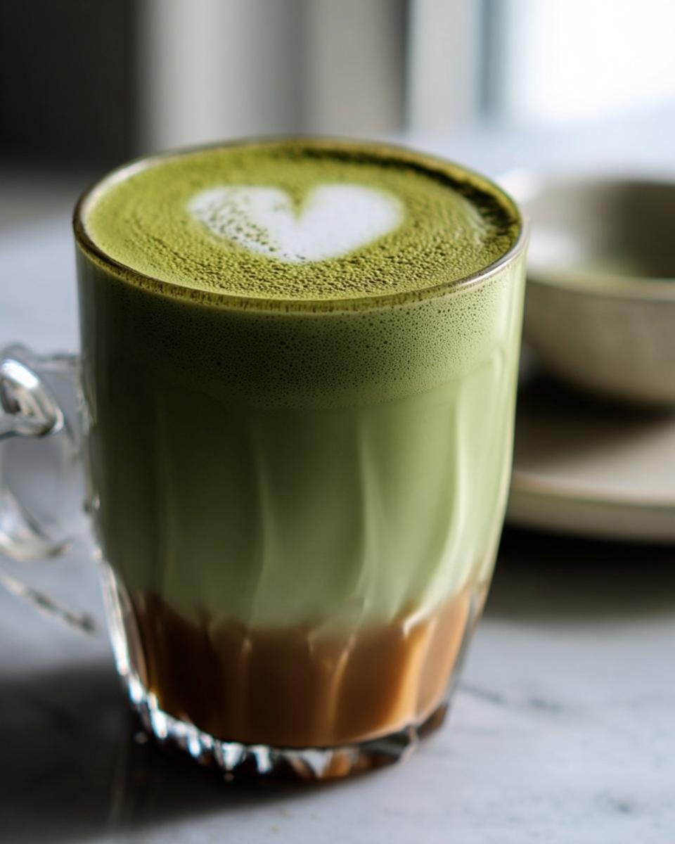A glass of Creamy Matcha Coffee with a heart-shaped latte art design on top.