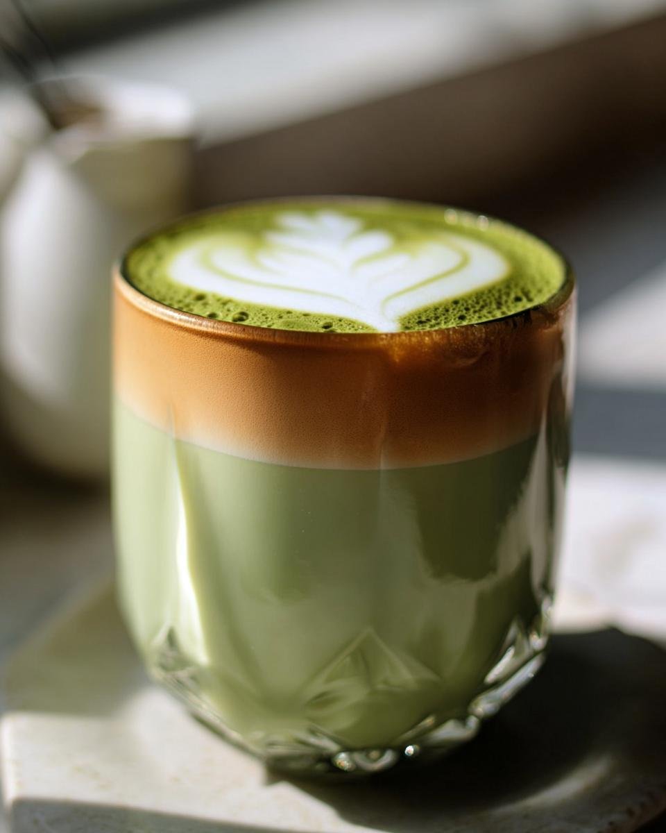 A glass of Creamy Matcha Coffee with latte art on top, showcasing the layered drink.