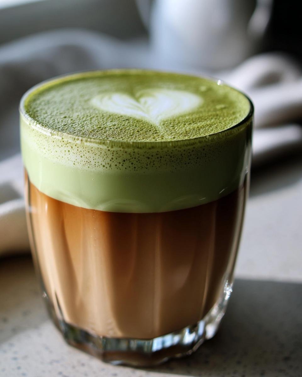 A glass of Creamy Matcha Coffee with a heart design in the matcha foam on top.