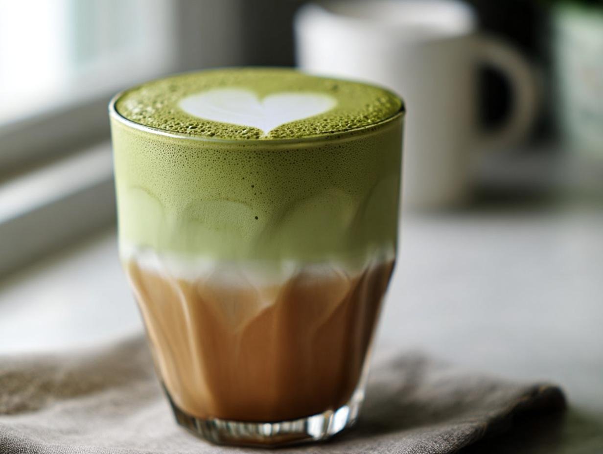 A glass of Creamy Matcha Coffee with a latte art heart on top, layered over coffee.