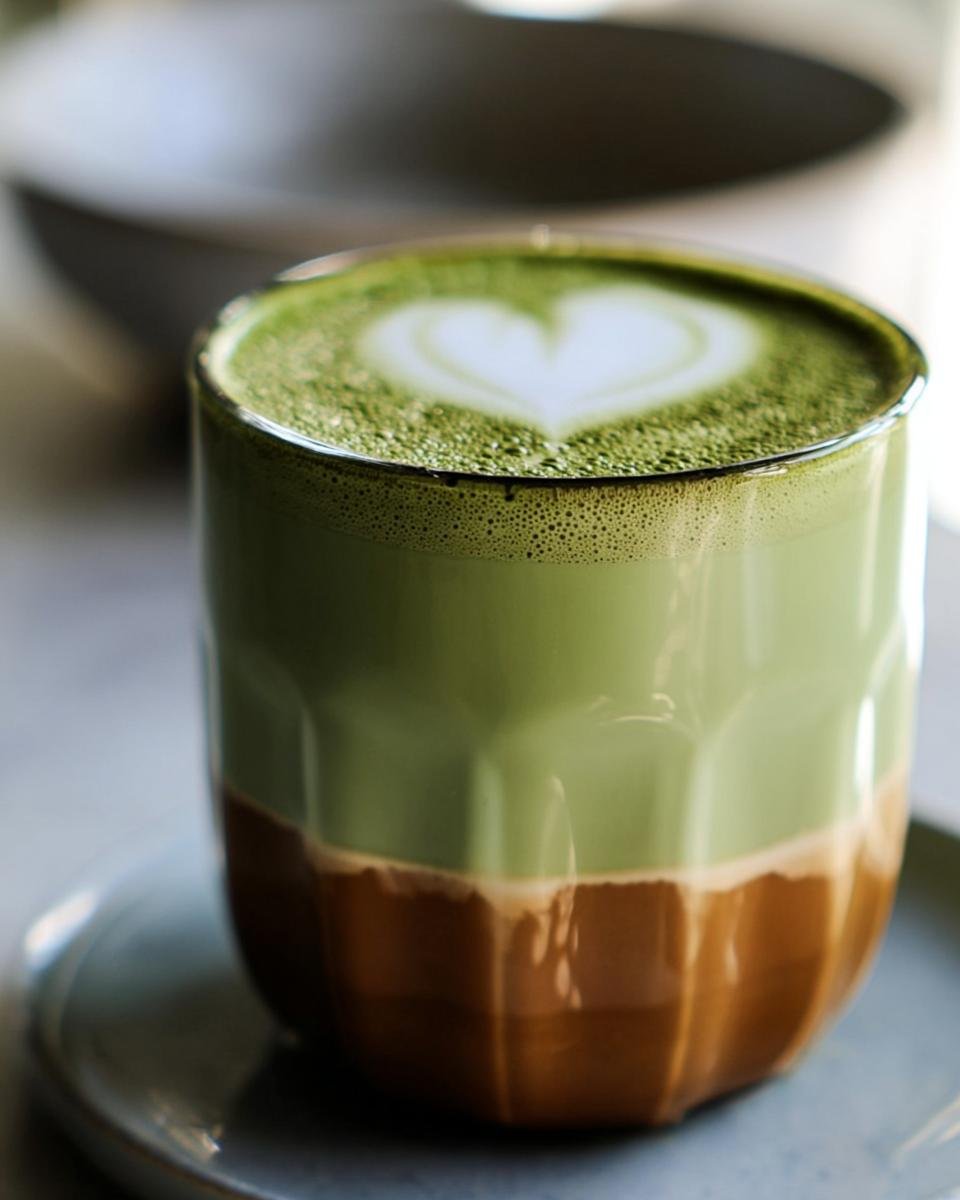 A glass mug filled with creamy matcha coffee, topped with a latte art heart.