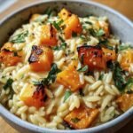 Bowl of Creamy Orzo with Roasted Butternut squash and fresh herbs, ready to eat.