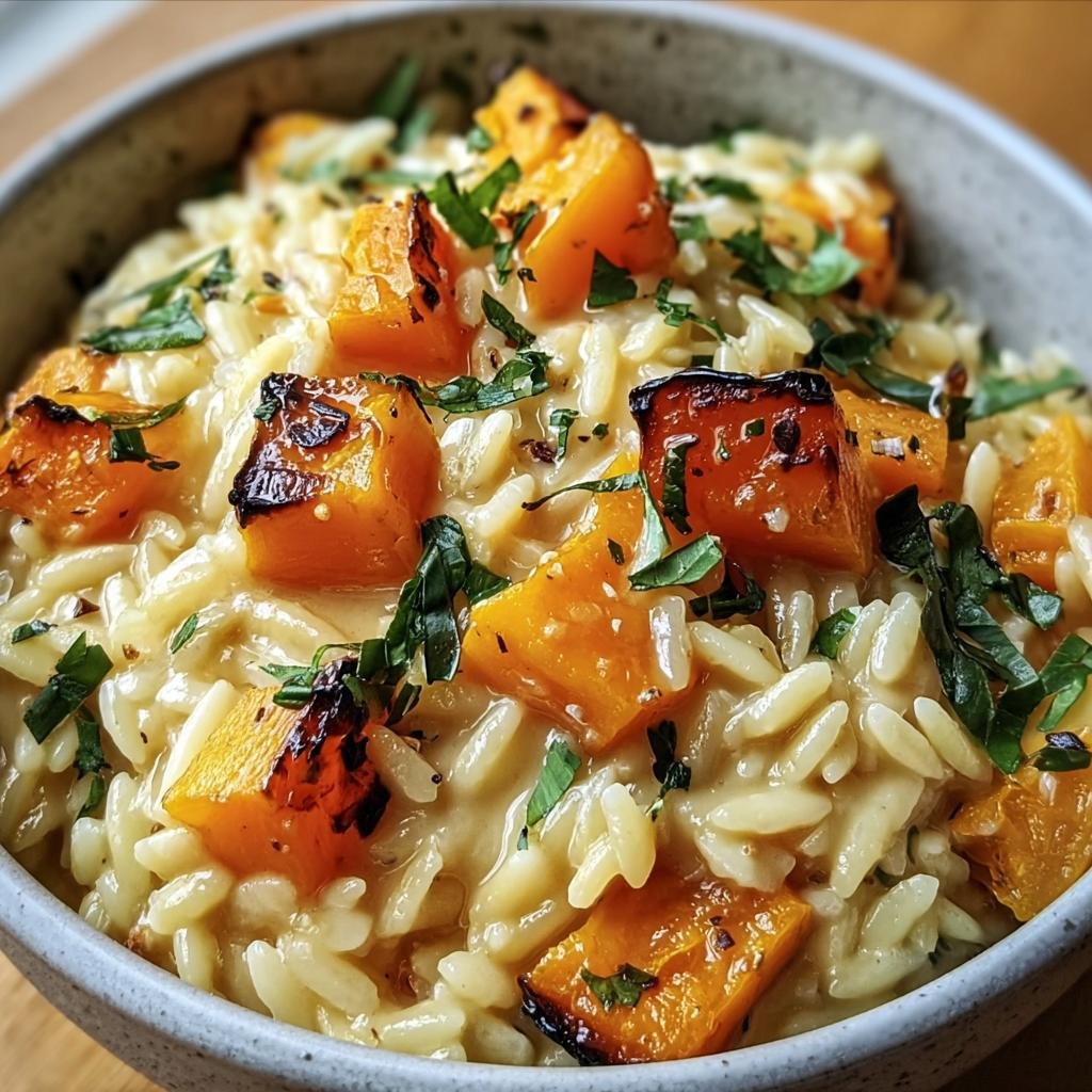 Bowl of Creamy Orzo with Roasted Butternut squash and fresh herbs, ready to eat.