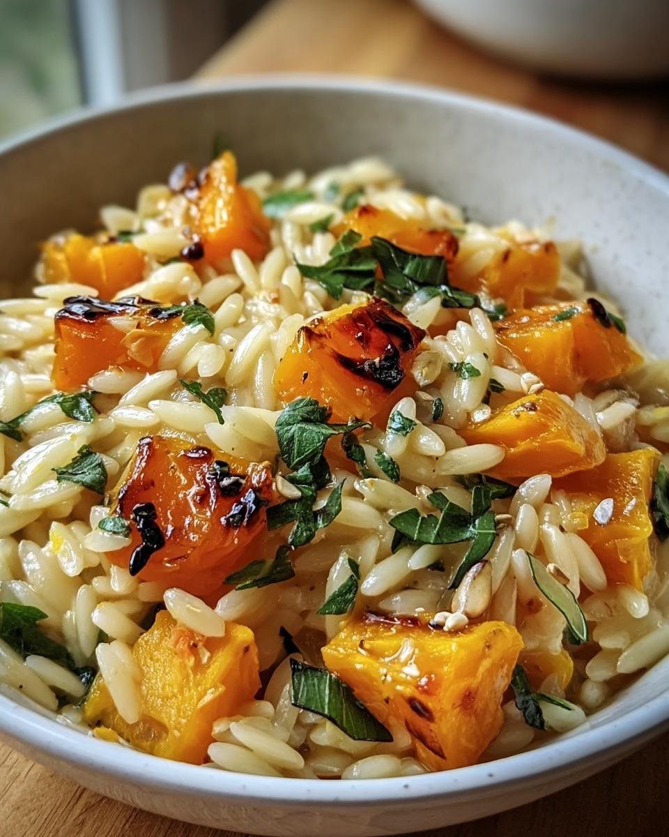 Close-up of a bowl of Creamy Orzo with Roasted Butternut squash and fresh herbs.