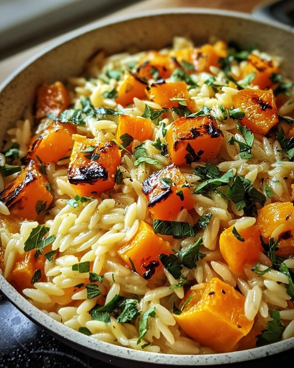 A bowl of Creamy Orzo with Roasted Butternut squash and fresh parsley, ready to eat.