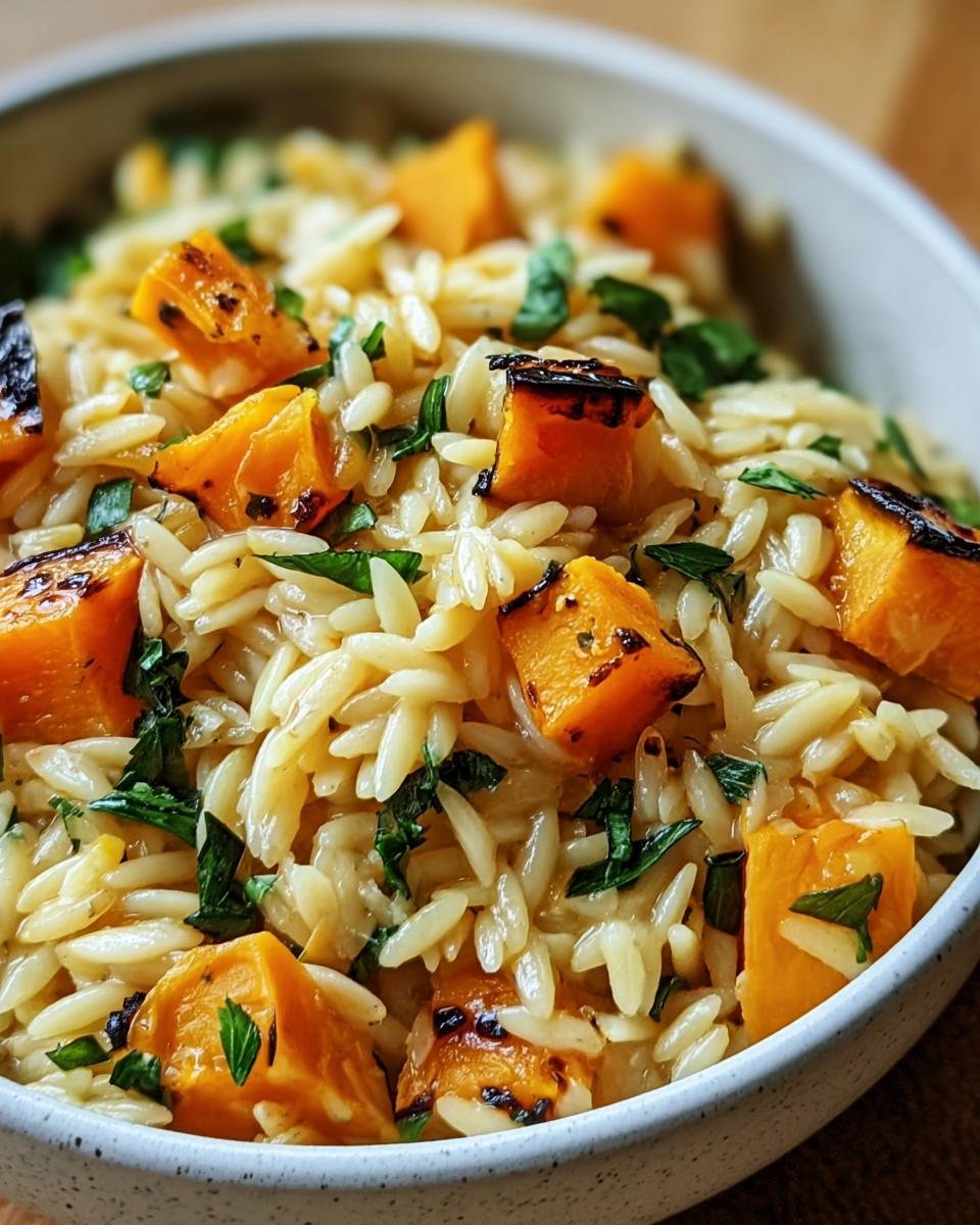 A bowl of creamy orzo with roasted butternut squash and fresh herbs, ready to eat.
