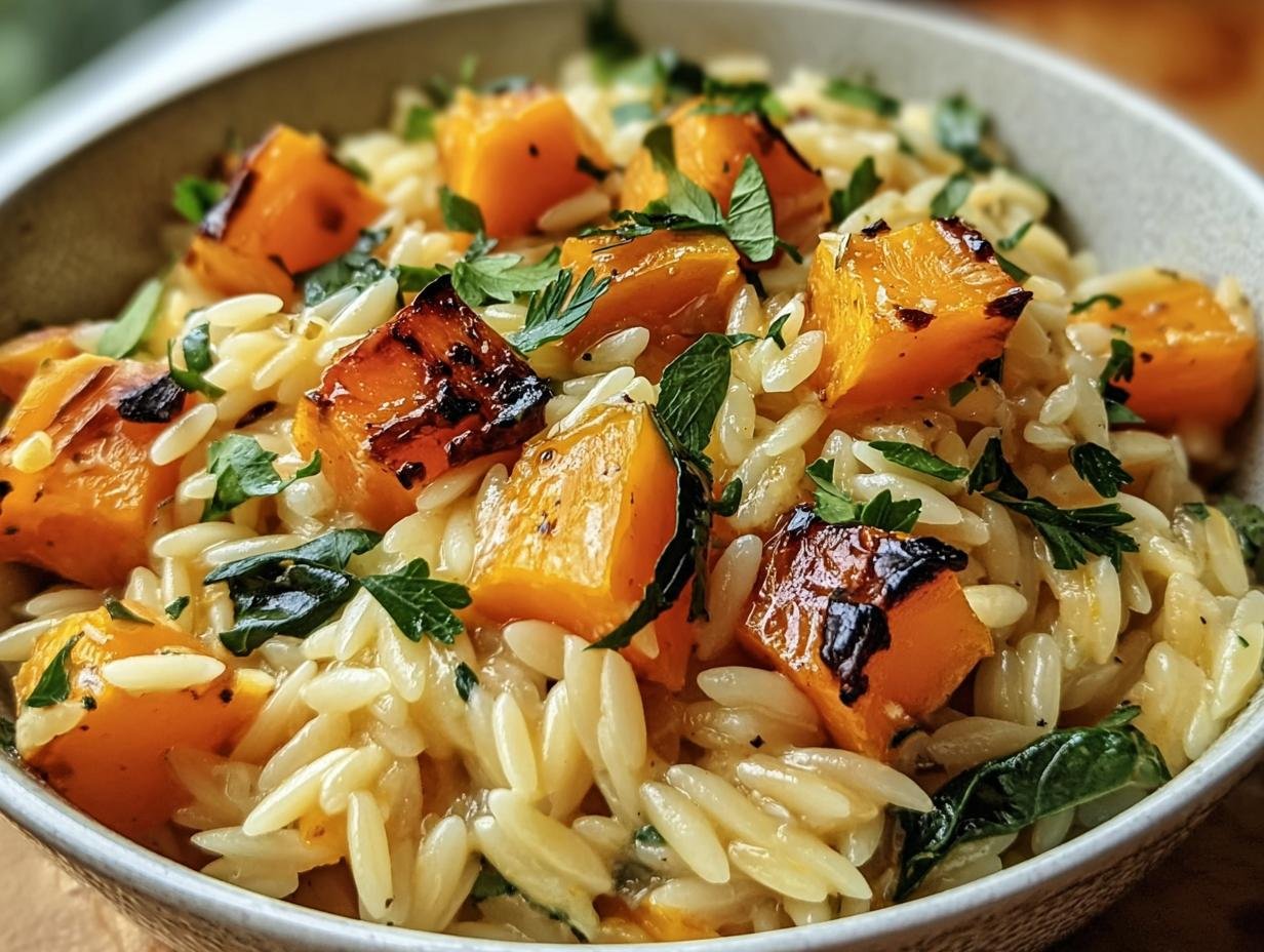 Close-up of Creamy Orzo with Roasted Butternut squash and fresh herbs in a bowl.