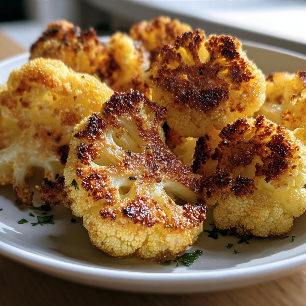 A close-up of a plate of golden brown Crispy Roasted Cauliflower florets, garnished with herbs.
