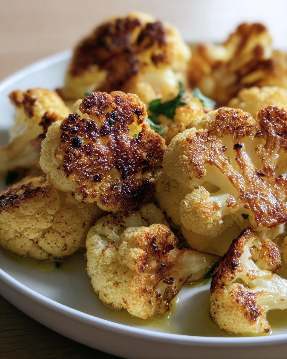 Close-up of Crispy Roasted Cauliflower florets on a white plate, showing golden-brown edges and fresh herbs.