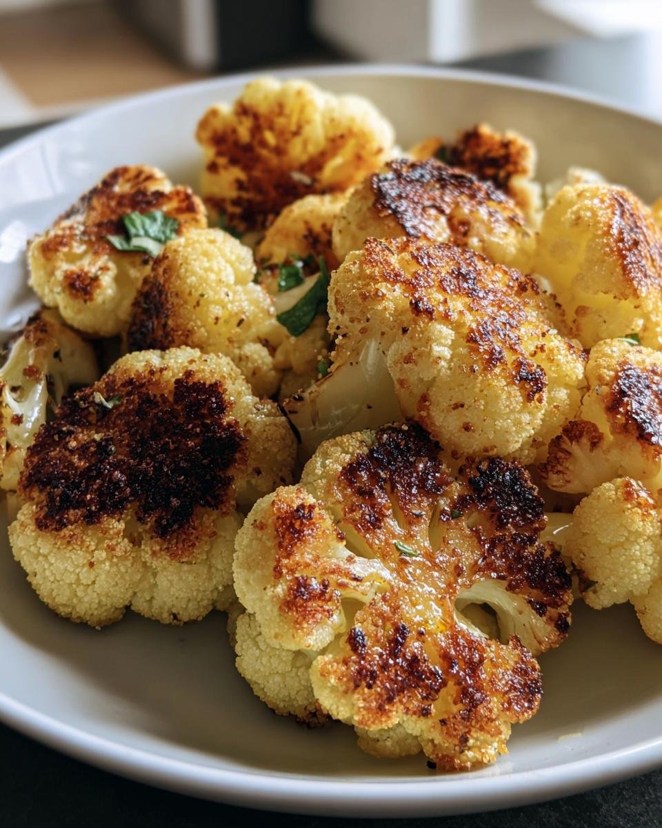 Close-up of a bowl of Crispy Roasted Cauliflower florets, showing the golden-brown texture and herbs.
