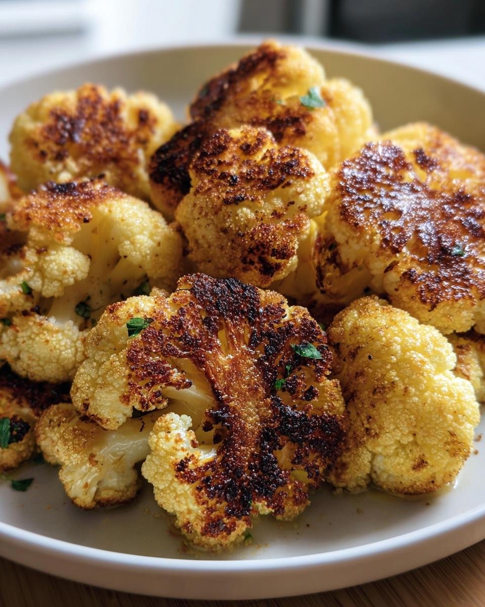 A plate of golden brown Crispy Roasted Cauliflower florets, garnished with fresh herbs, ready to serve.