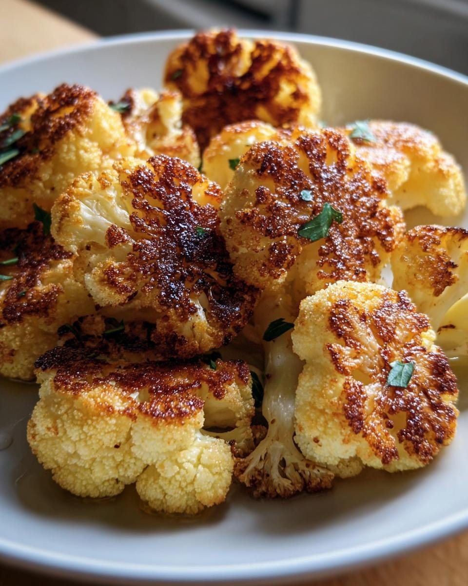 Close-up of Crispy Roasted Cauliflower florets on a plate, garnished with fresh herbs. Golden brown and delicious.
