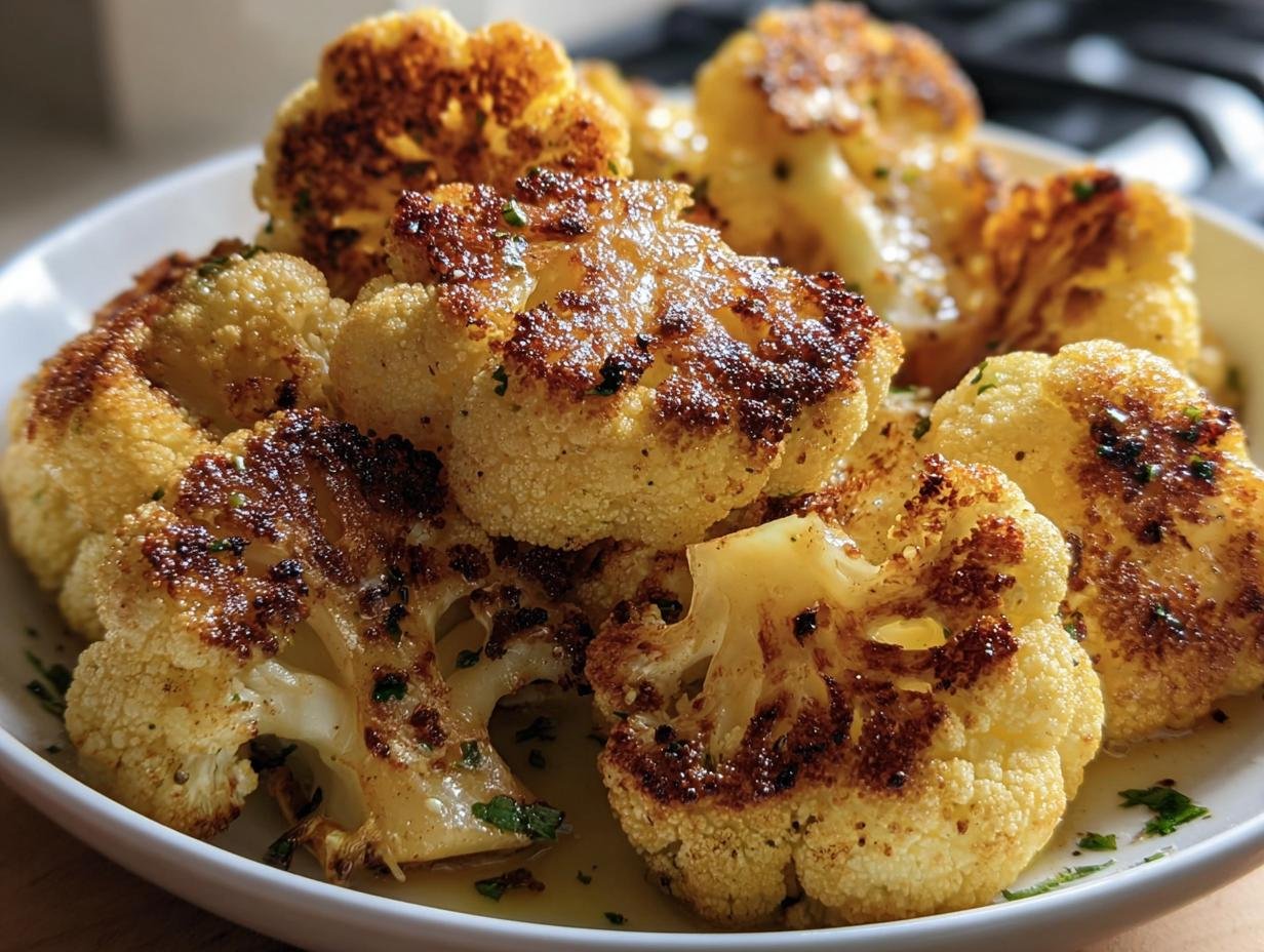 Close-up of Crispy Roasted Cauliflower florets on a white plate, garnished with herbs.