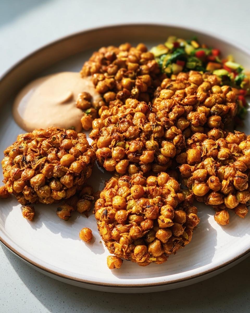 A plate of golden Crispy Vegan Chickpeas served with a creamy dipping sauce and a side of fresh vegetable salsa.