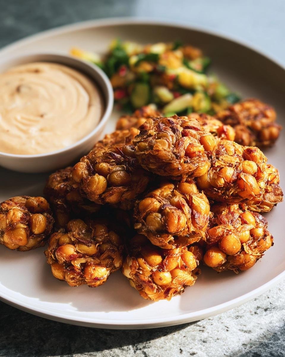 A plate of golden Crispy Vegan Chickpeas served with a creamy dipping sauce and a fresh side salad.