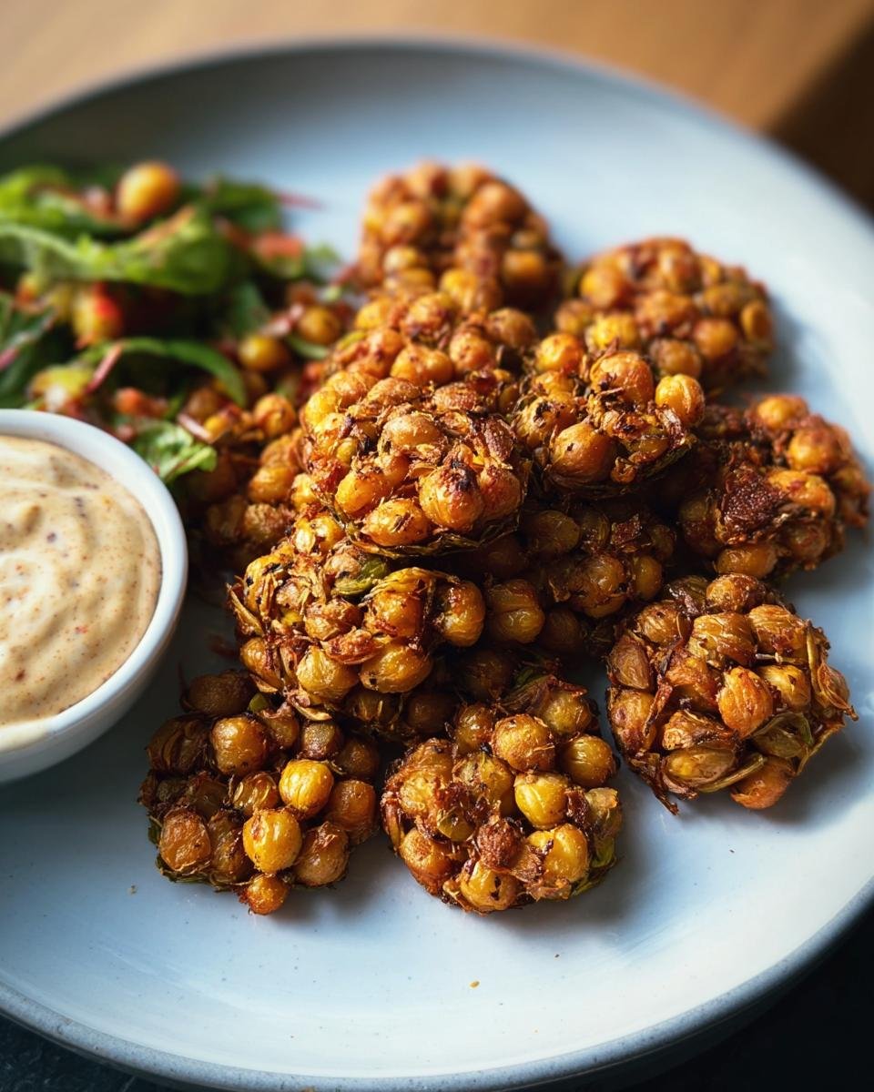 A plate of golden-brown Crispy Vegan Chickpeas served with a creamy dip and a side salad.