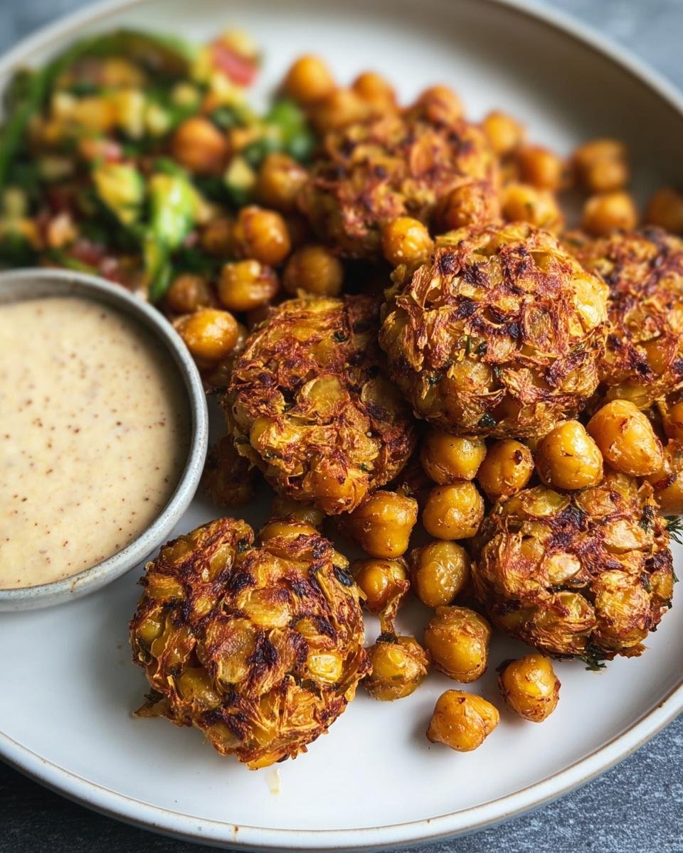 A plate of golden Crispy Vegan Chickpeas with a creamy dip and a fresh salad.