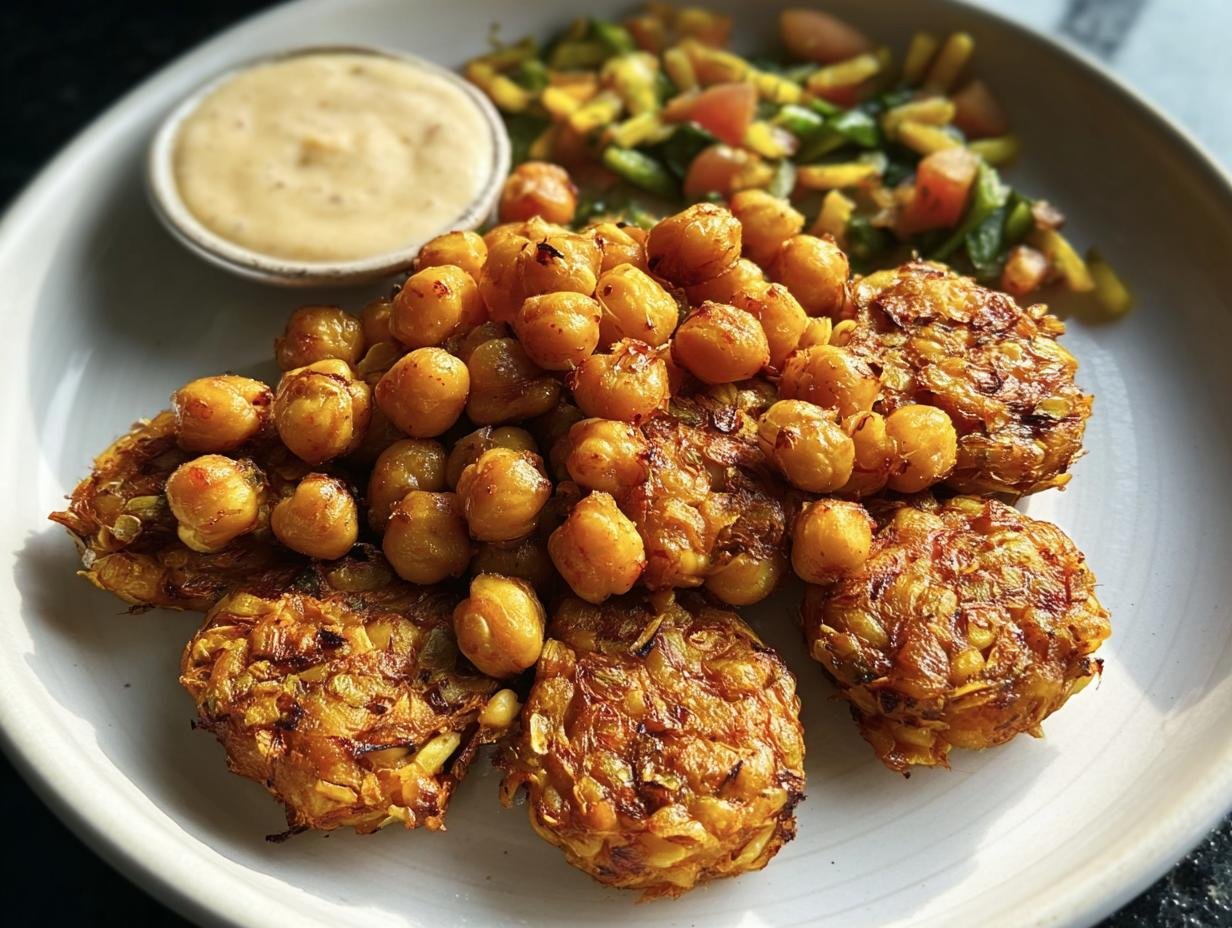 A plate of crispy vegan chickpeas served with a creamy dipping sauce and a fresh vegetable salad.