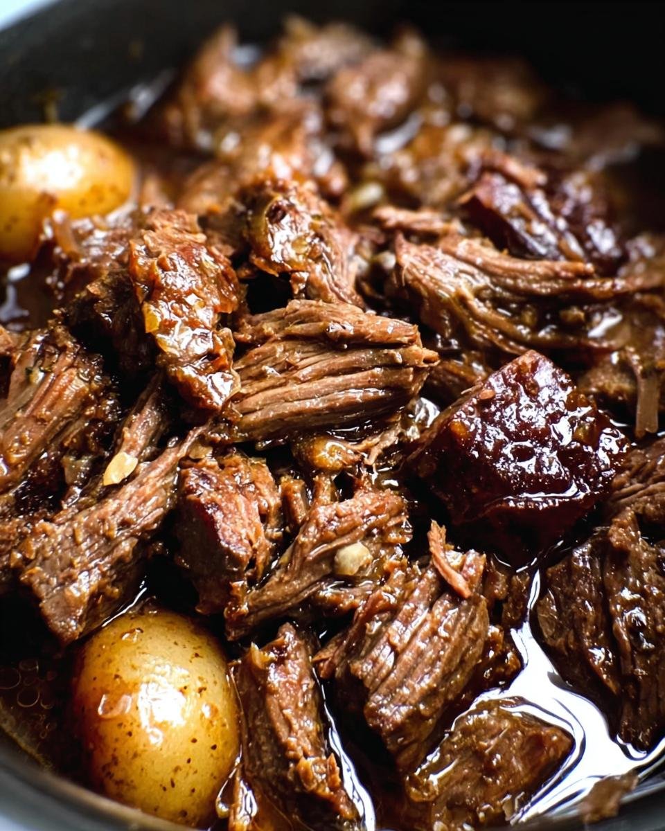 Close-up of Crockpot Garlic Butter Beef with tender shredded beef and potatoes in a rich, savory sauce.