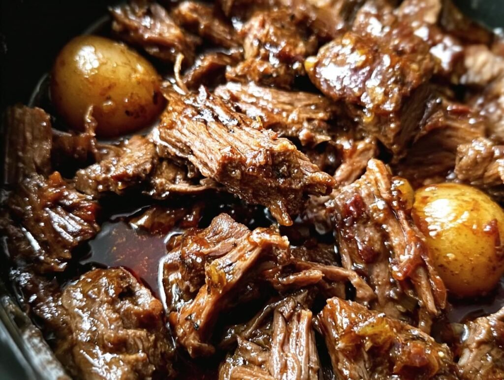 Close-up of tender Crockpot Garlic Butter Beef with small potatoes in a rich, savory sauce.