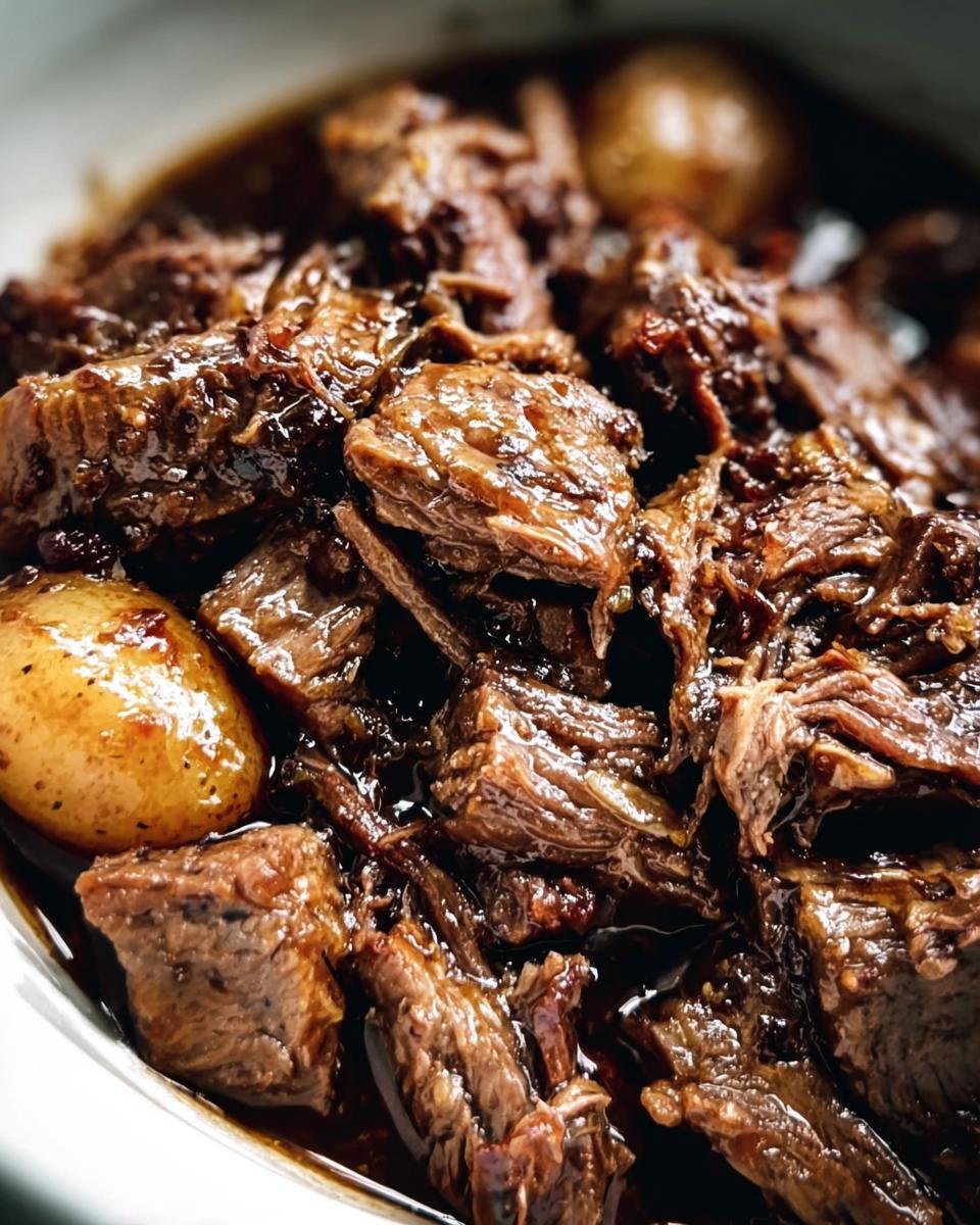 Close-up of tender Crockpot Garlic Butter Beef with potatoes in a rich, dark sauce.