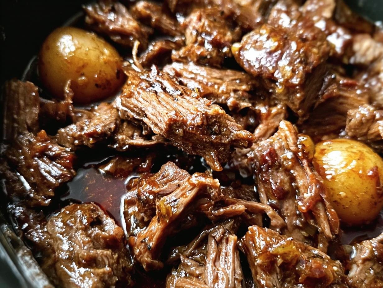 Close-up of tender Crockpot Garlic Butter Beef with small potatoes in a rich, savory sauce.