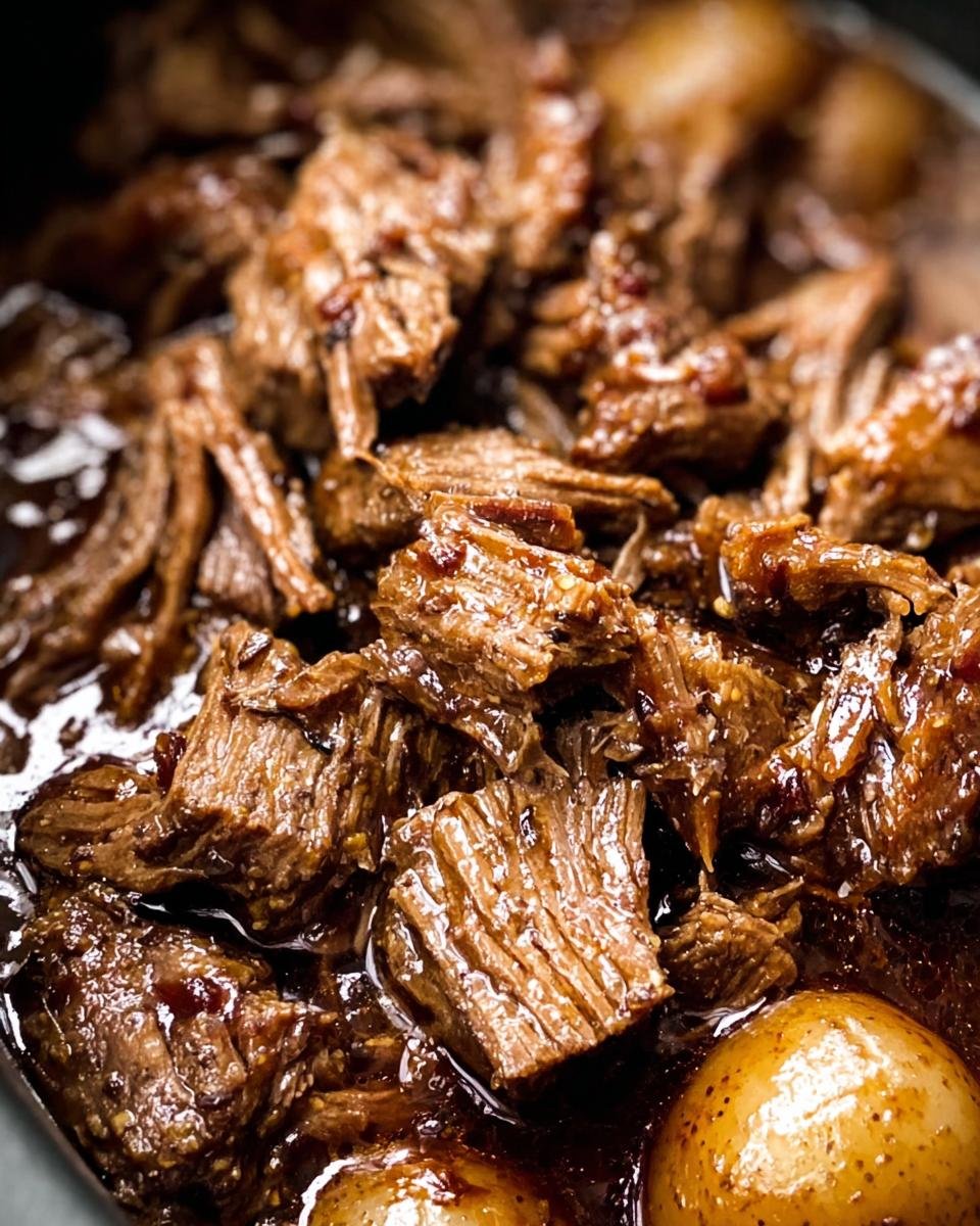 Close-up of tender Crockpot Garlic Butter Beef with potatoes in a rich sauce.