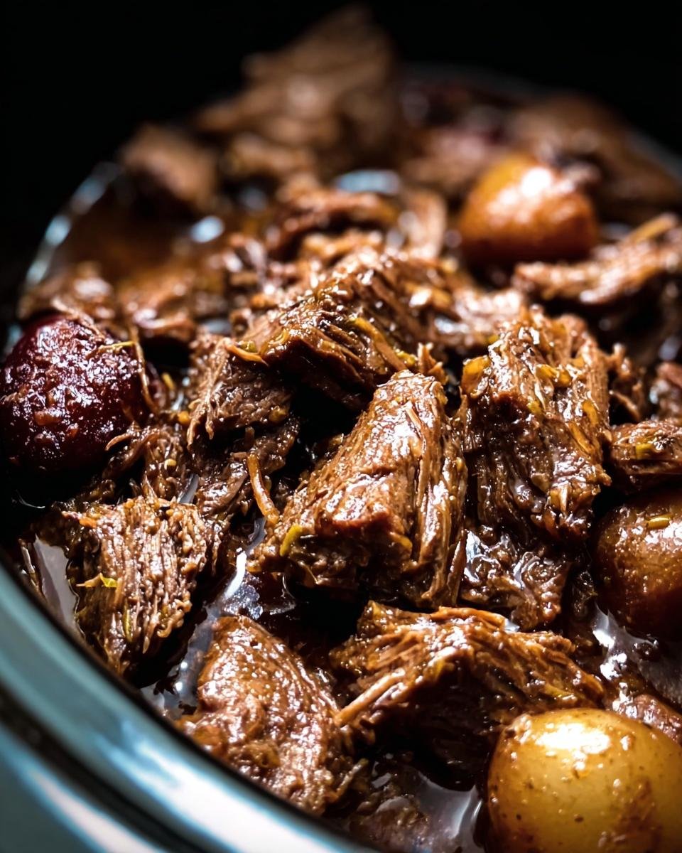Close-up of tender Crockpot Garlic Butter Beef roast with potatoes, slow-cooked to perfection.