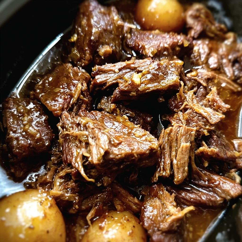 Close-up of tender Crockpot Garlic Butter Beef roast with potatoes in a rich, savory sauce.