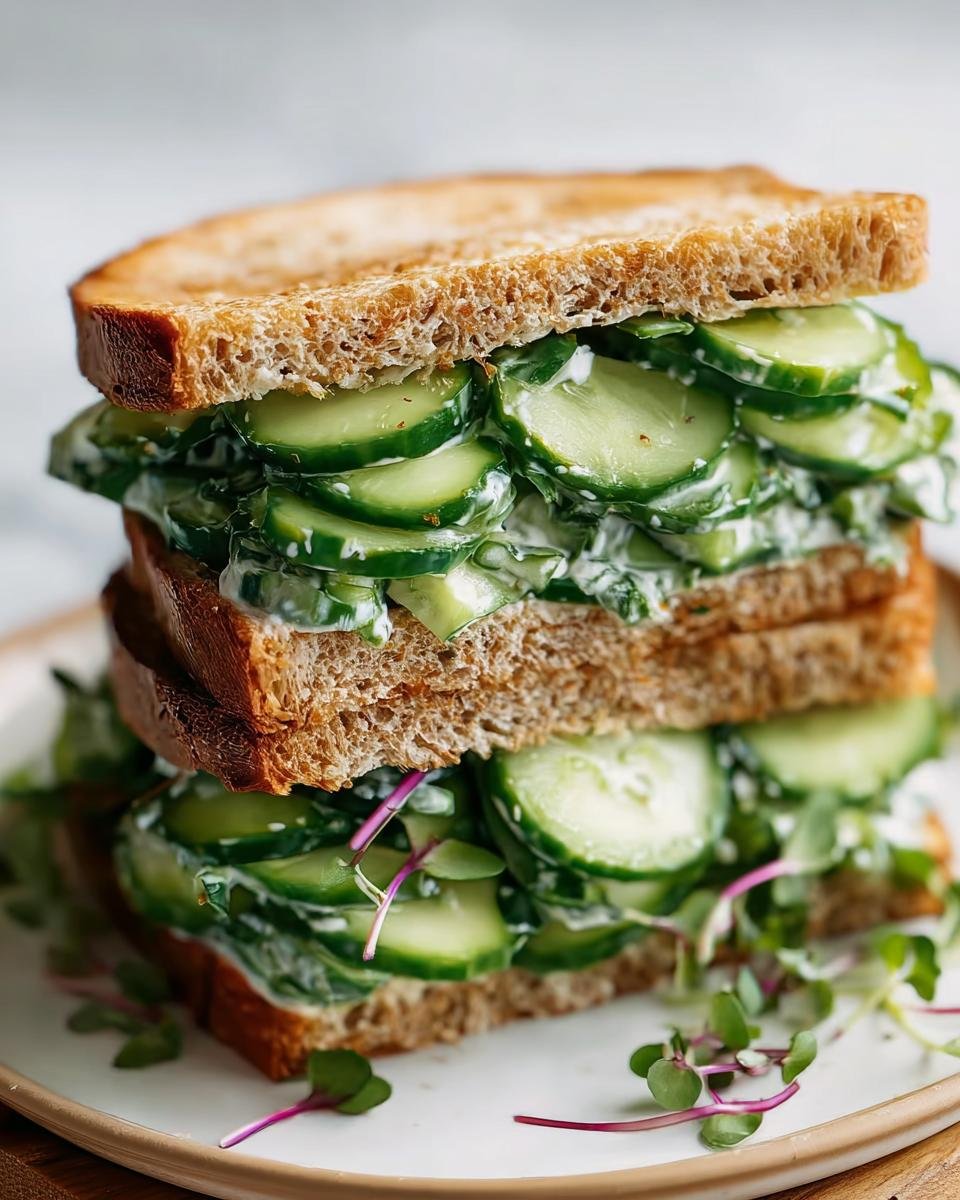 A tall stack of Cucumber Salad Sandwiches with creamy dressing and microgreens on toasted bread.